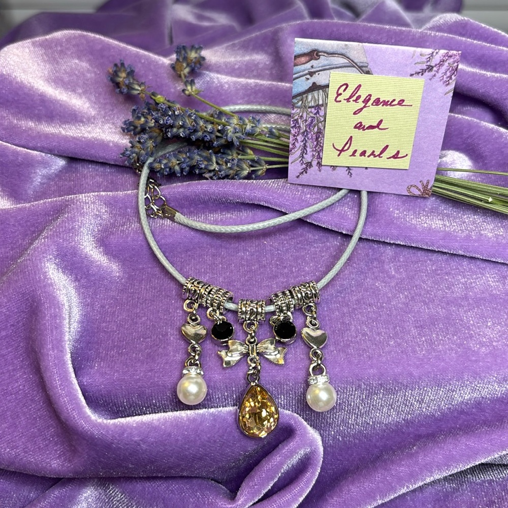 “Elegance & Pearls” ~ Silver, Gold & Bkack Gems~ Charm Necklace